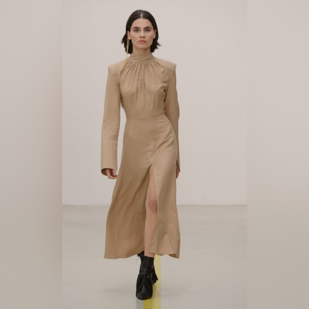Elegant Tan Long Sleeve Scarf Dress